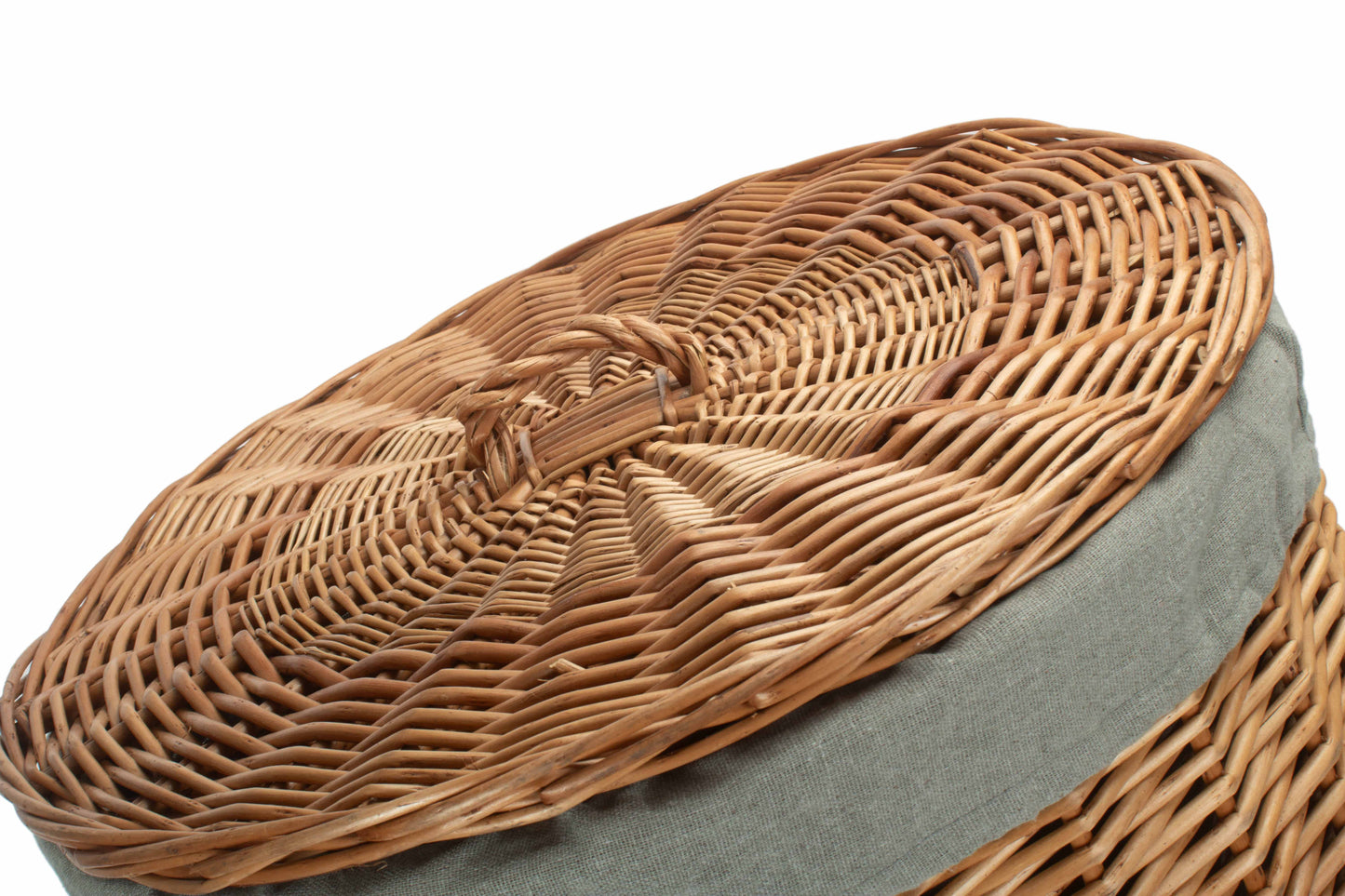 LARGE LIGHT STEAMED ROUND LINEN BASKET with GREY SAGE LINING