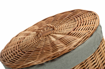 LARGE LIGHT STEAMED ROUND LINEN BASKET with GREY SAGE LINING