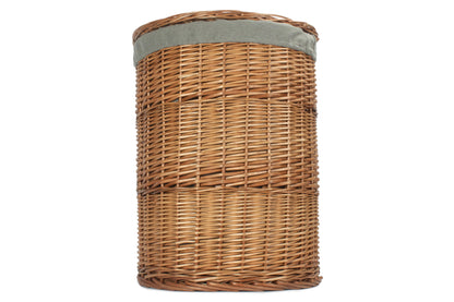 LARGE LIGHT STEAMED ROUND LINEN BASKET with GREY SAGE LINING
