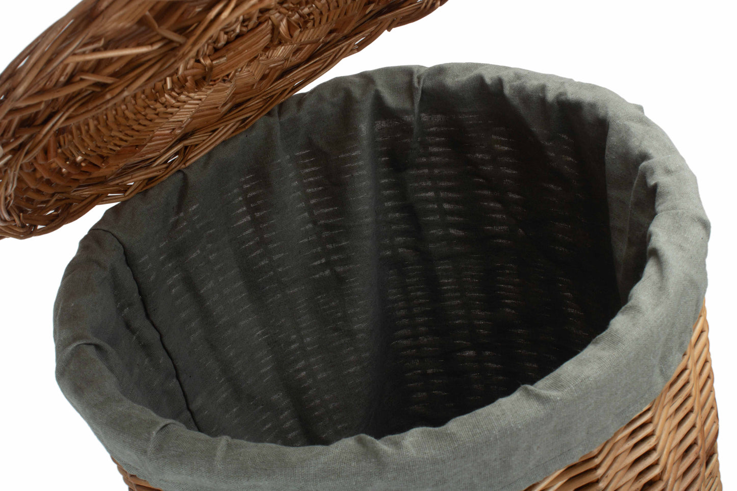 LARGE LIGHT STEAMED ROUND LINEN BASKET with GREY SAGE LINING