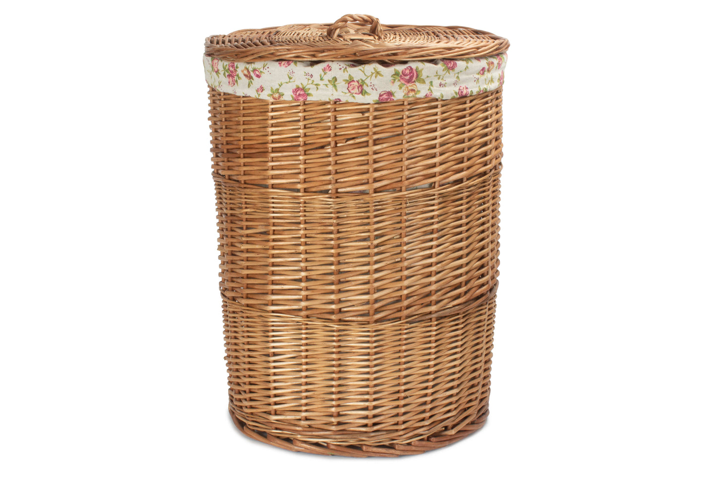 LARGE LIGHT STEAMED ROUND LINEN BASKET with GARDEN ROSE LINING