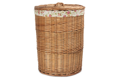 LARGE LIGHT STEAMED ROUND LINEN BASKET with GARDEN ROSE LINING