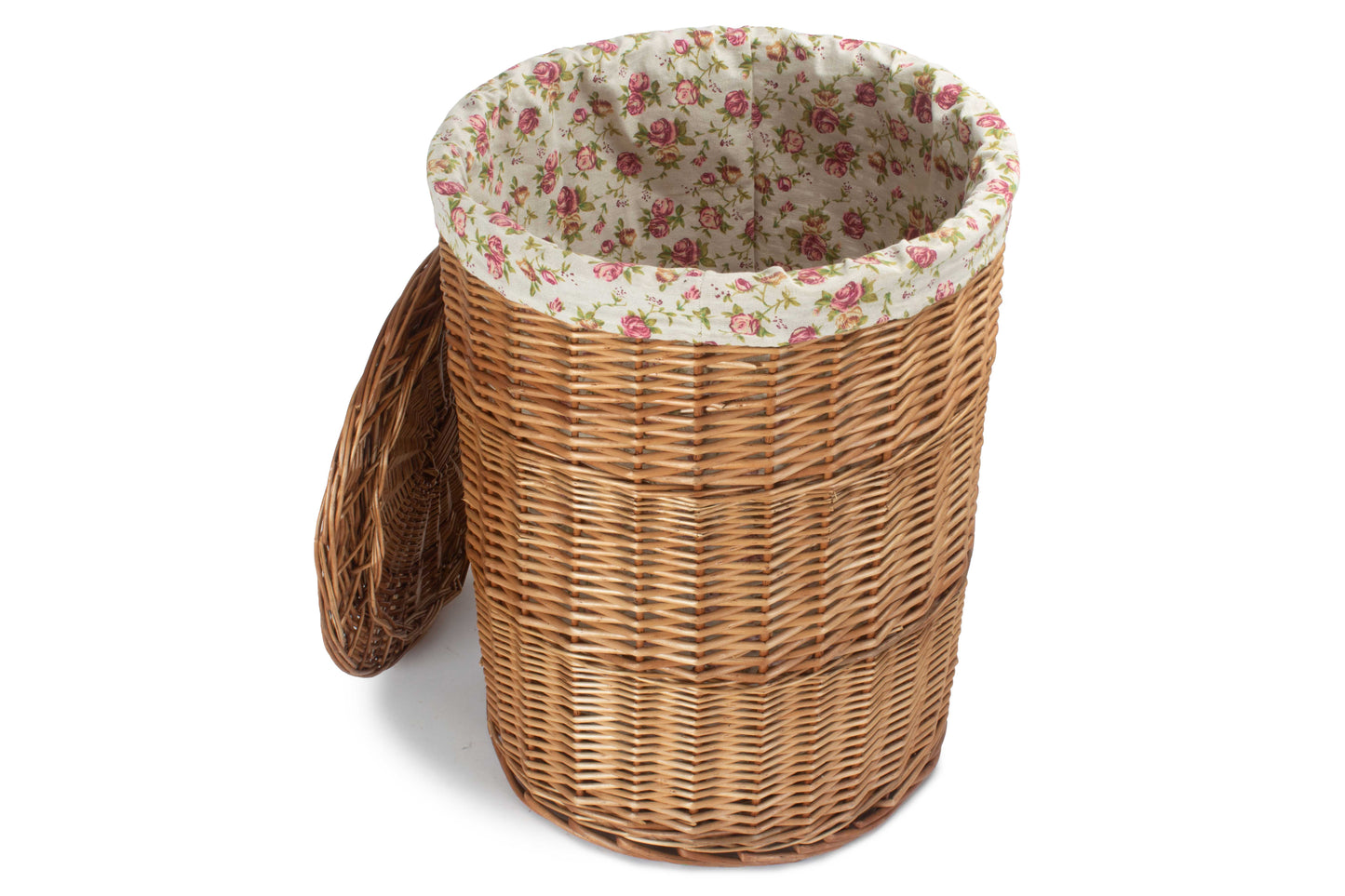 LARGE LIGHT STEAMED ROUND LINEN BASKET with GARDEN ROSE LINING