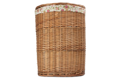 LARGE LIGHT STEAMED ROUND LINEN BASKET with GARDEN ROSE LINING