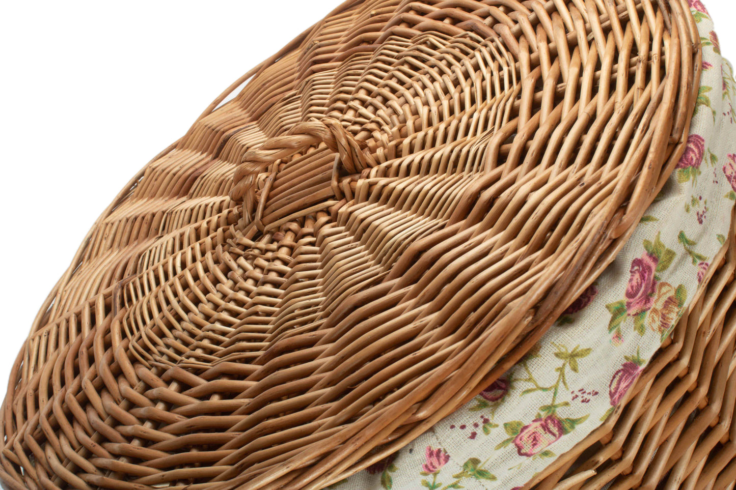 LARGE LIGHT STEAMED ROUND LINEN BASKET with GARDEN ROSE LINING