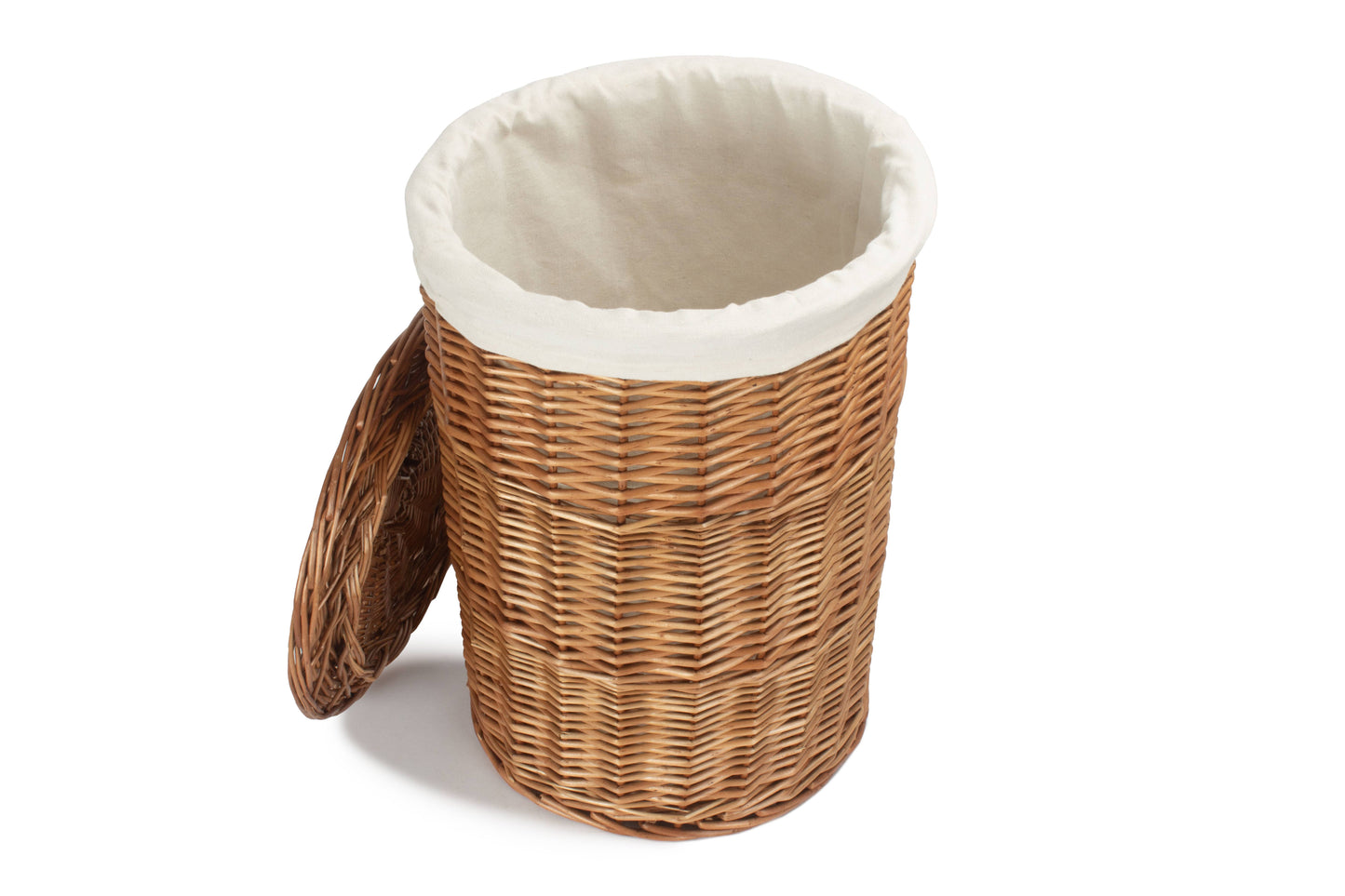 SMALL LIGHT STEAMED ROUND LINEN BASKET with WHITE LINING