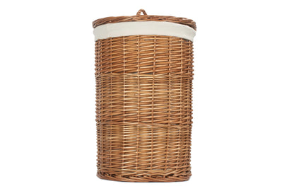 SMALL LIGHT STEAMED ROUND LINEN BASKET with WHITE LINING