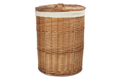 LARGE LIGHT STEAMED ROUND LINEN BASKET with WHITE LINING