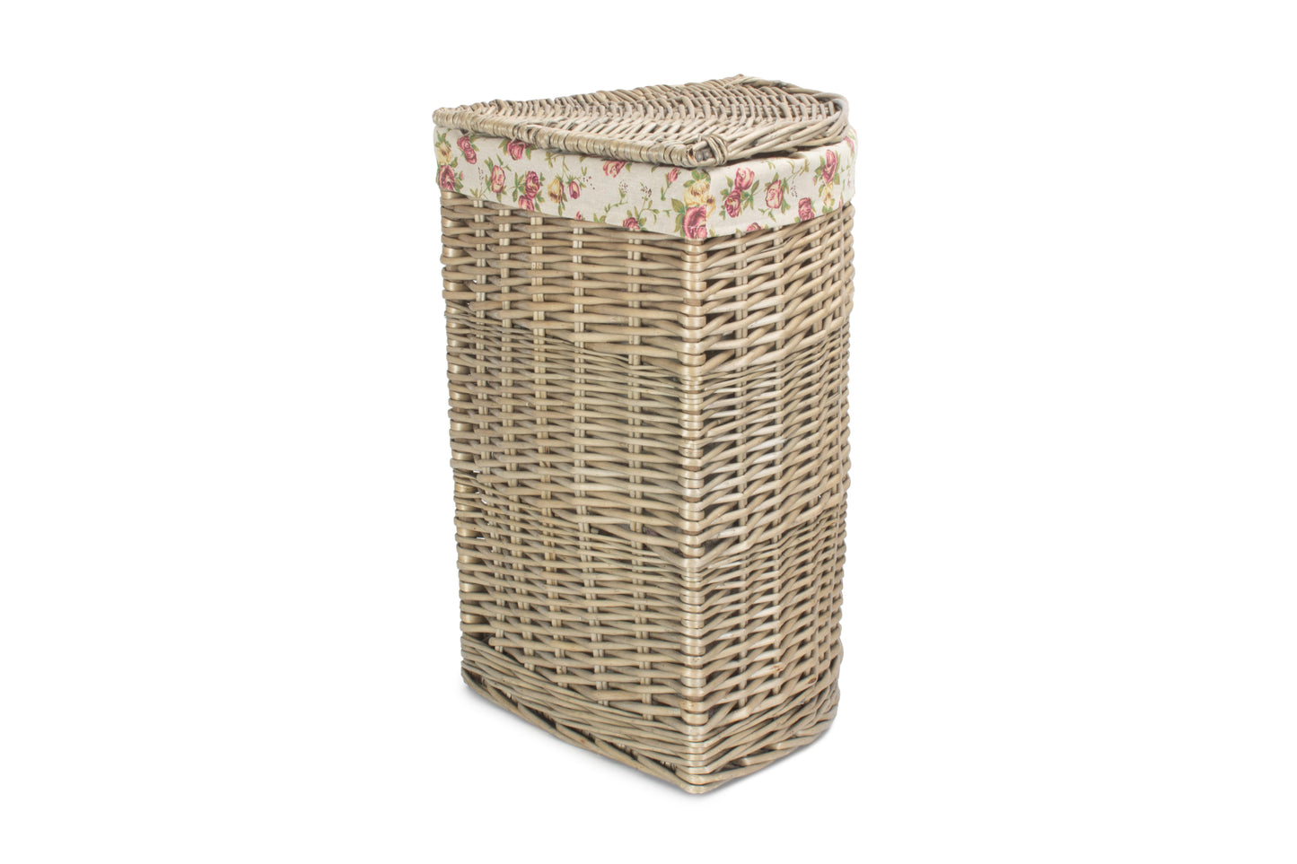 SMALL ANTIQUE WASH CORNER LAUNDRY BASKET with GARDEN ROSE LINING