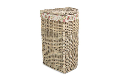 SMALL ANTIQUE WASH CORNER LAUNDRY BASKET with GARDEN ROSE LINING