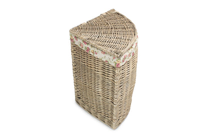 SMALL ANTIQUE WASH CORNER LAUNDRY BASKET with GARDEN ROSE LINING