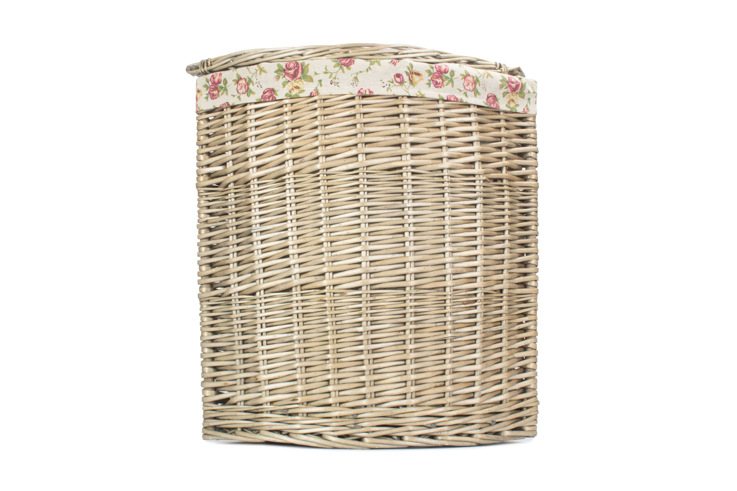 SMALL ANTIQUE WASH CORNER LAUNDRY BASKET with GARDEN ROSE LINING