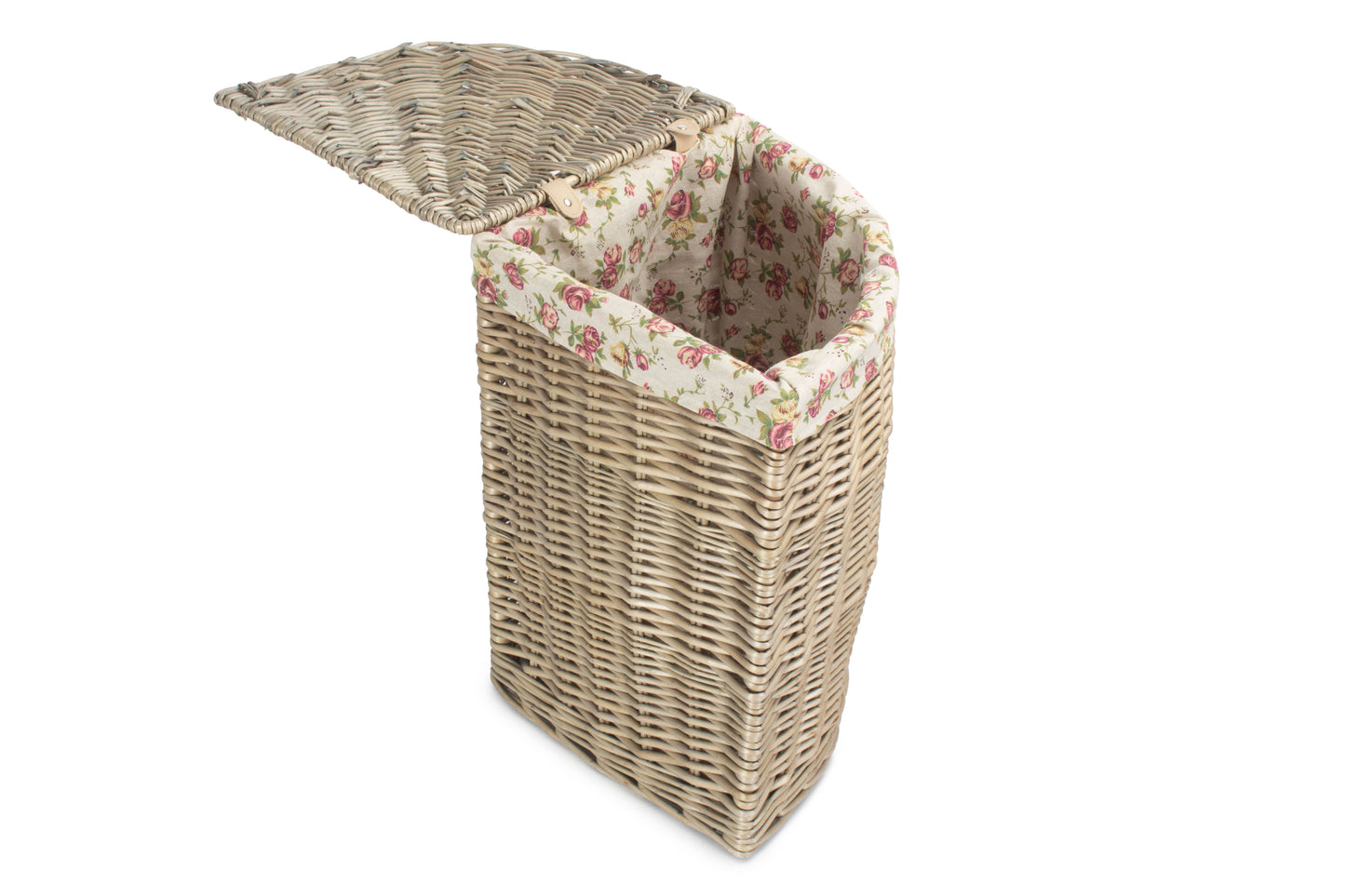 SMALL ANTIQUE WASH CORNER LAUNDRY BASKET with GARDEN ROSE LINING