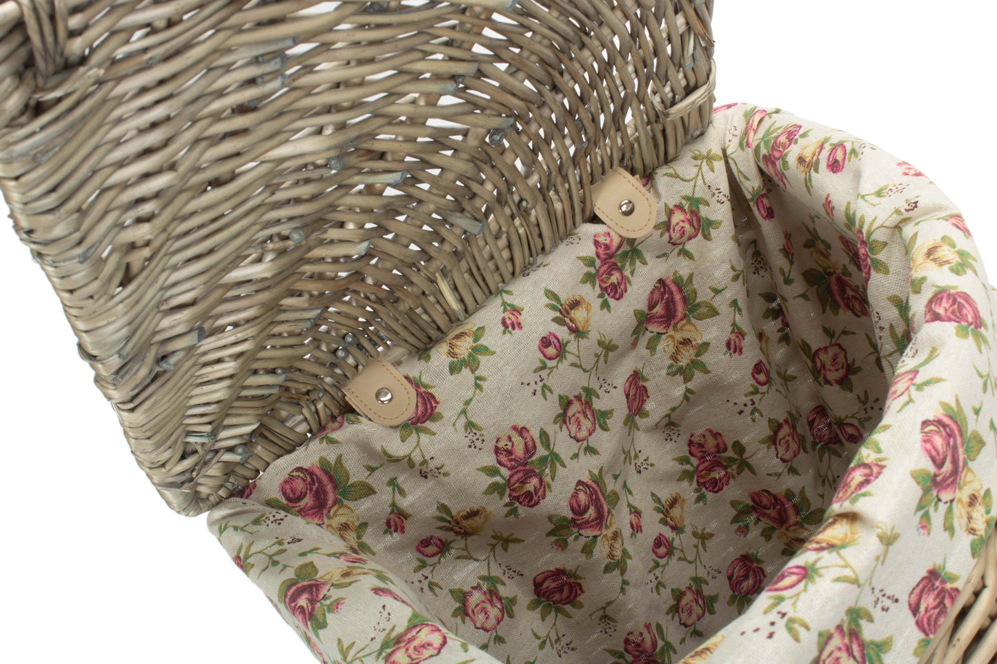SMALL ANTIQUE WASH CORNER LAUNDRY BASKET with GARDEN ROSE LINING