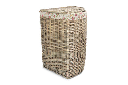 LARGE ANTIQUE WASH CORNER LAUNDRY BASKET with GARDEN ROSE LINING