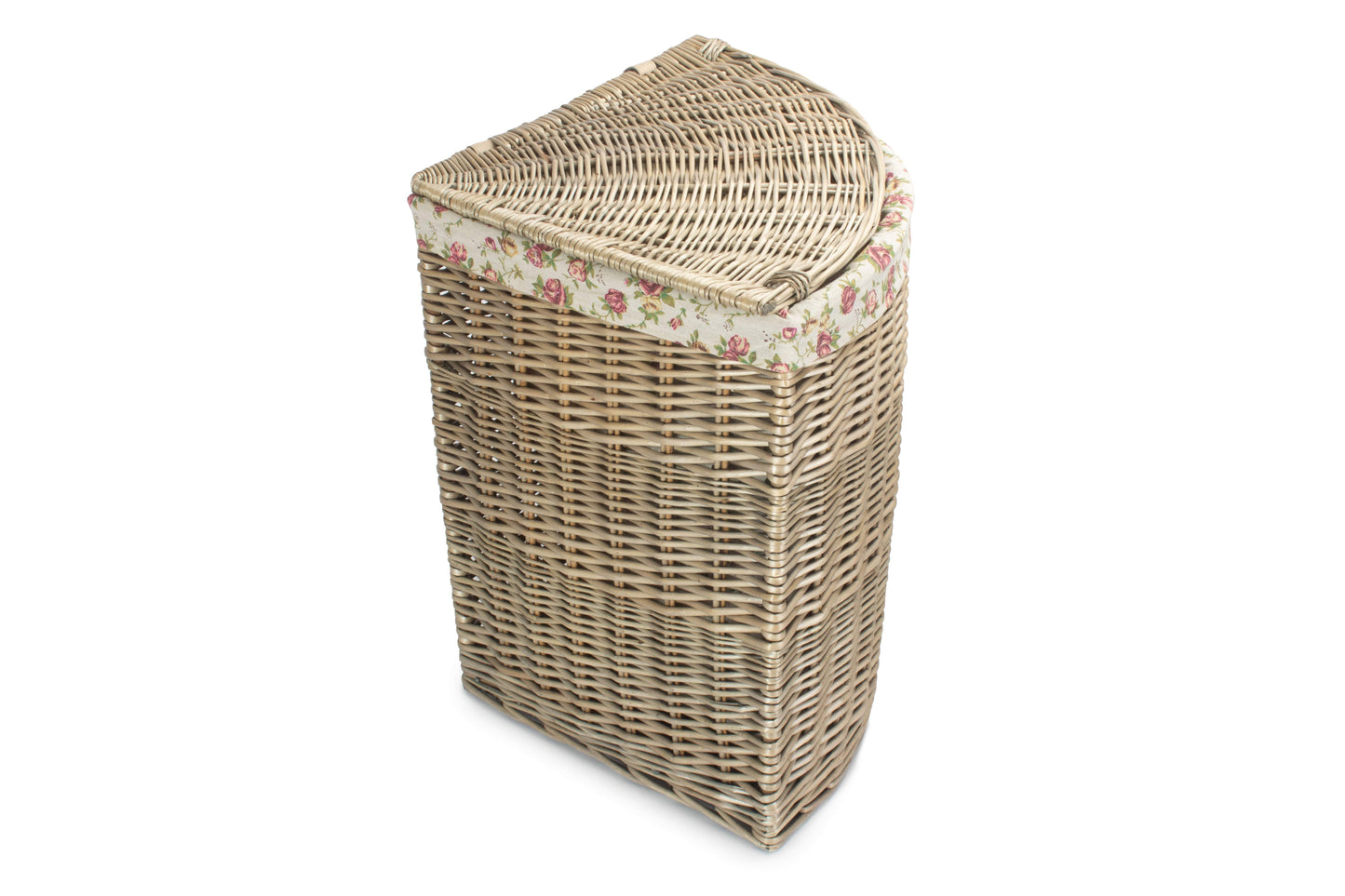 LARGE ANTIQUE WASH CORNER LAUNDRY BASKET with GARDEN ROSE LINING