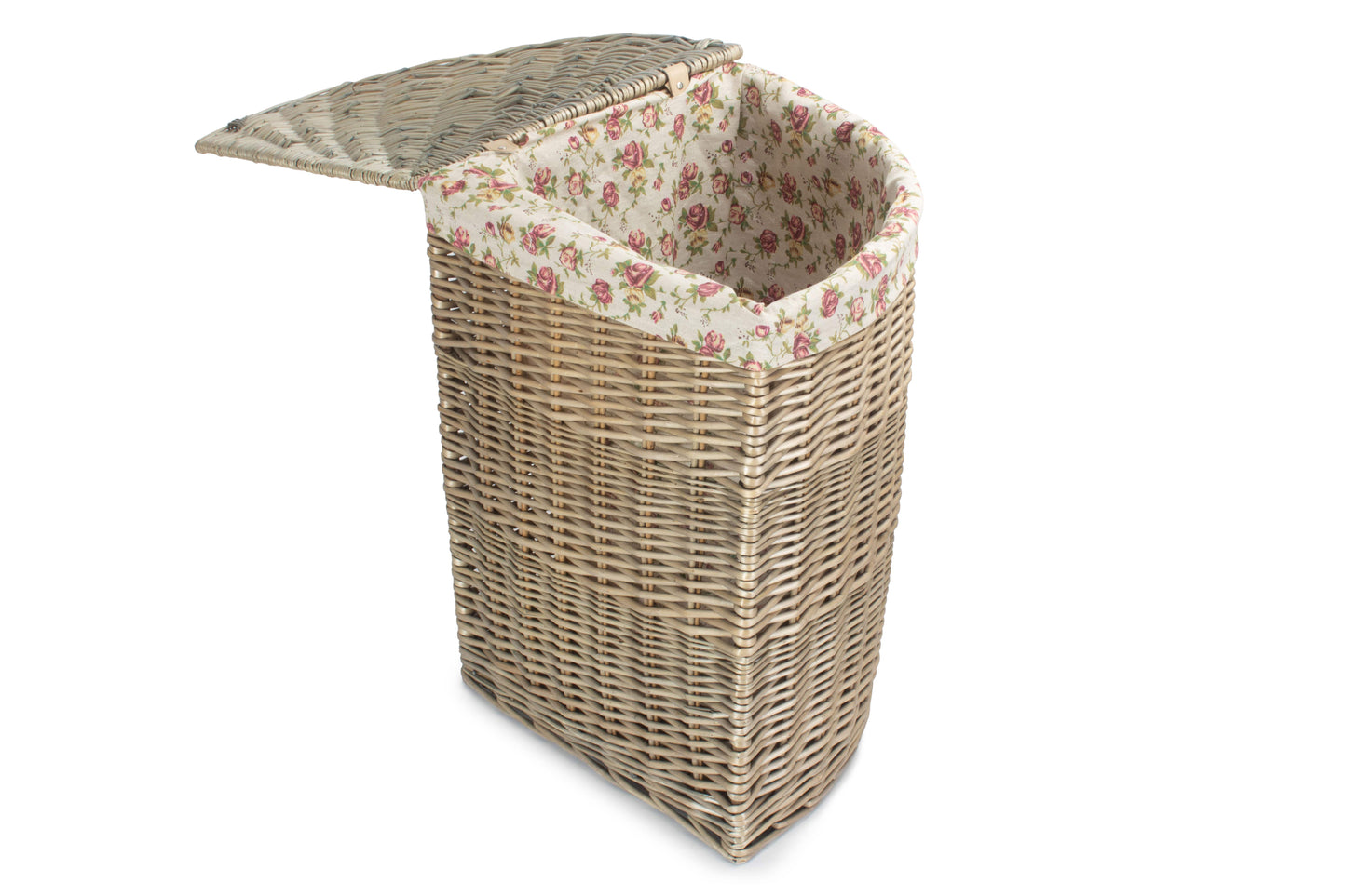 LARGE ANTIQUE WASH CORNER LAUNDRY BASKET with GARDEN ROSE LINING