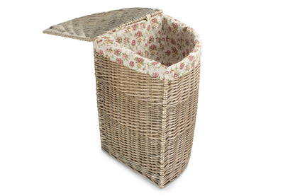 LARGE ANTIQUE WASH CORNER LAUNDRY BASKET with GARDEN ROSE LINING