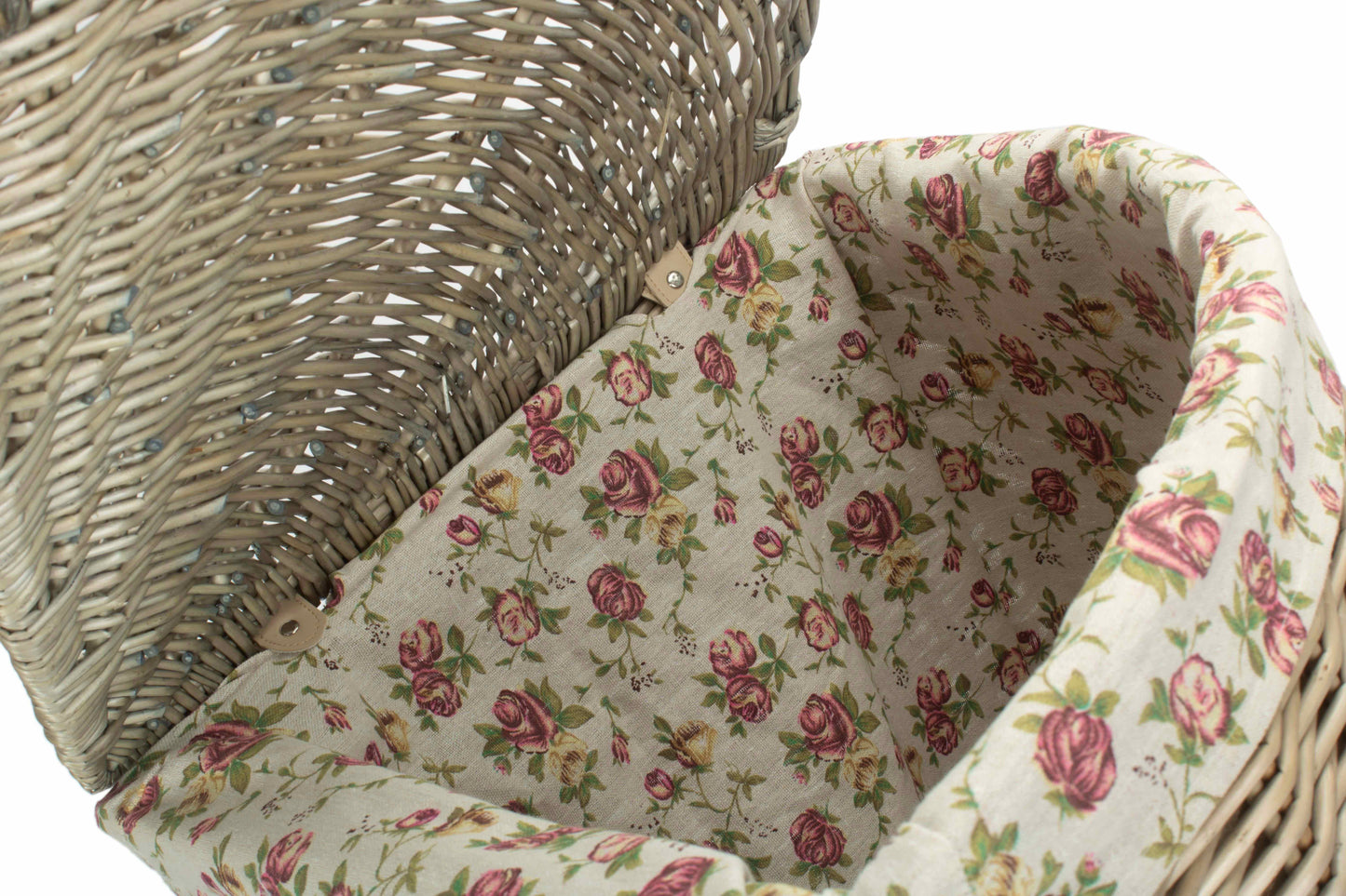 LARGE ANTIQUE WASH CORNER LAUNDRY BASKET with GARDEN ROSE LINING