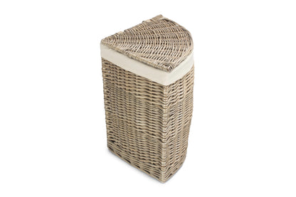 SMALL ANTIQUE WASH CORNER LAUNDRY BASKET with WHITE LINING