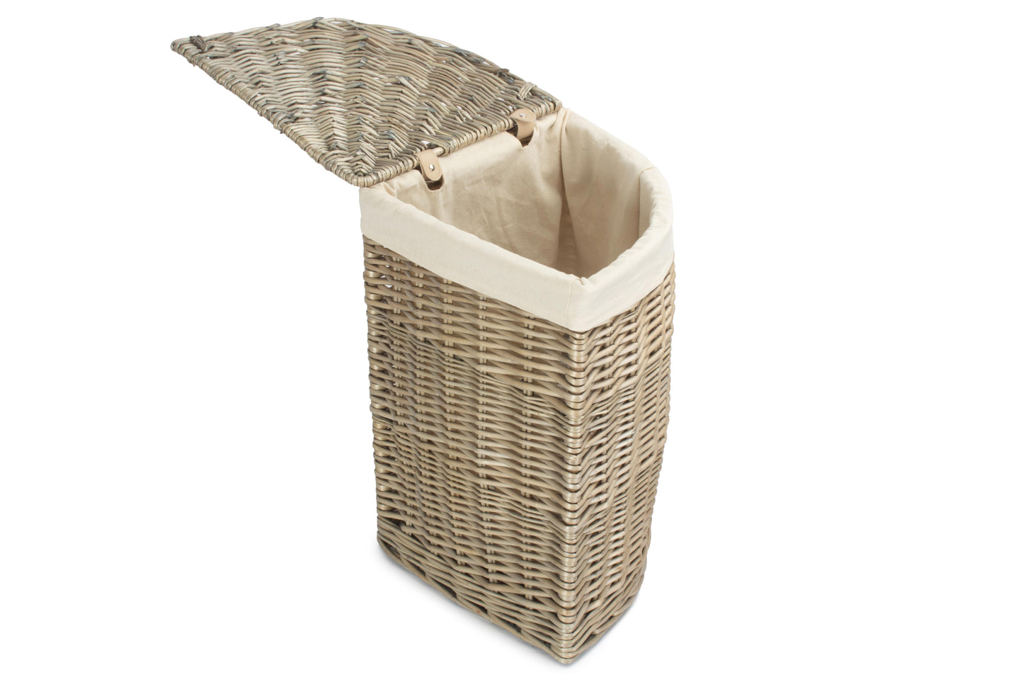SMALL ANTIQUE WASH CORNER LAUNDRY BASKET with WHITE LINING