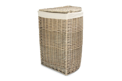 LARGE ANTIQUE WASH CORNER LAUNDRY BASKET with WHITE LINING