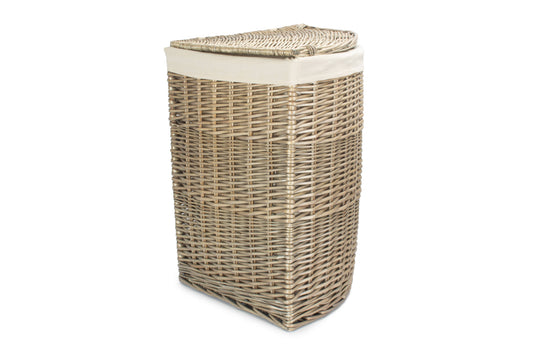 LARGE ANTIQUE WASH CORNER LAUNDRY BASKET with WHITE LINING