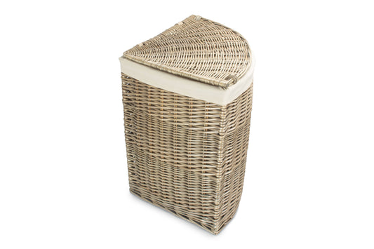 LARGE ANTIQUE WASH CORNER LAUNDRY BASKET with WHITE LINING