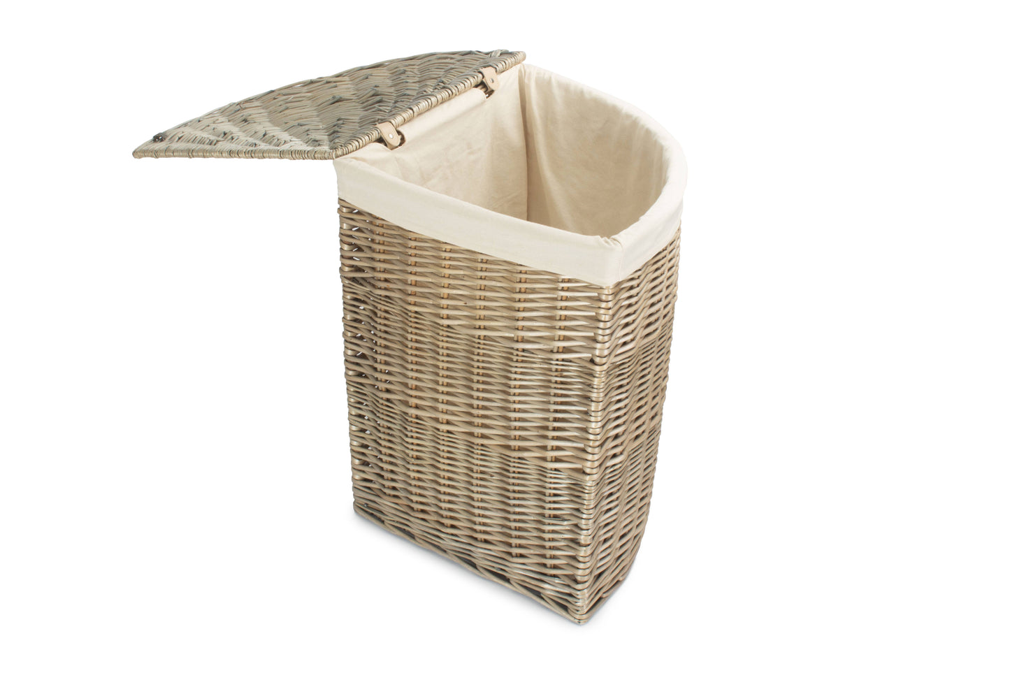 LARGE ANTIQUE WASH CORNER LAUNDRY BASKET with WHITE LINING