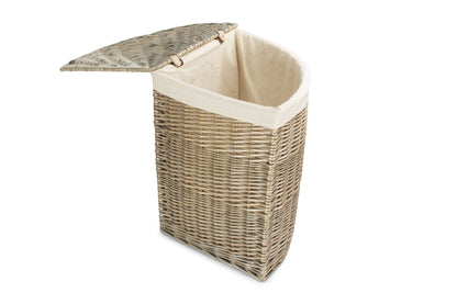 LARGE ANTIQUE WASH CORNER LAUNDRY BASKET with WHITE LINING