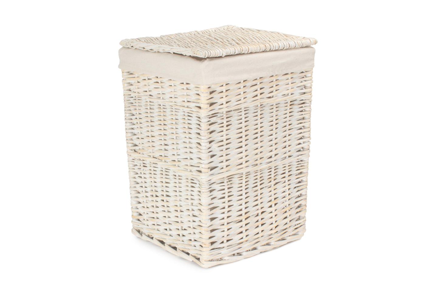 SMALL SQUARE WHITE WASH LAUNDRY HAMPER with WHITE LINING