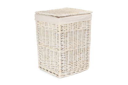 SMALL SQUARE WHITE WASH LAUNDRY HAMPER with WHITE LINING
