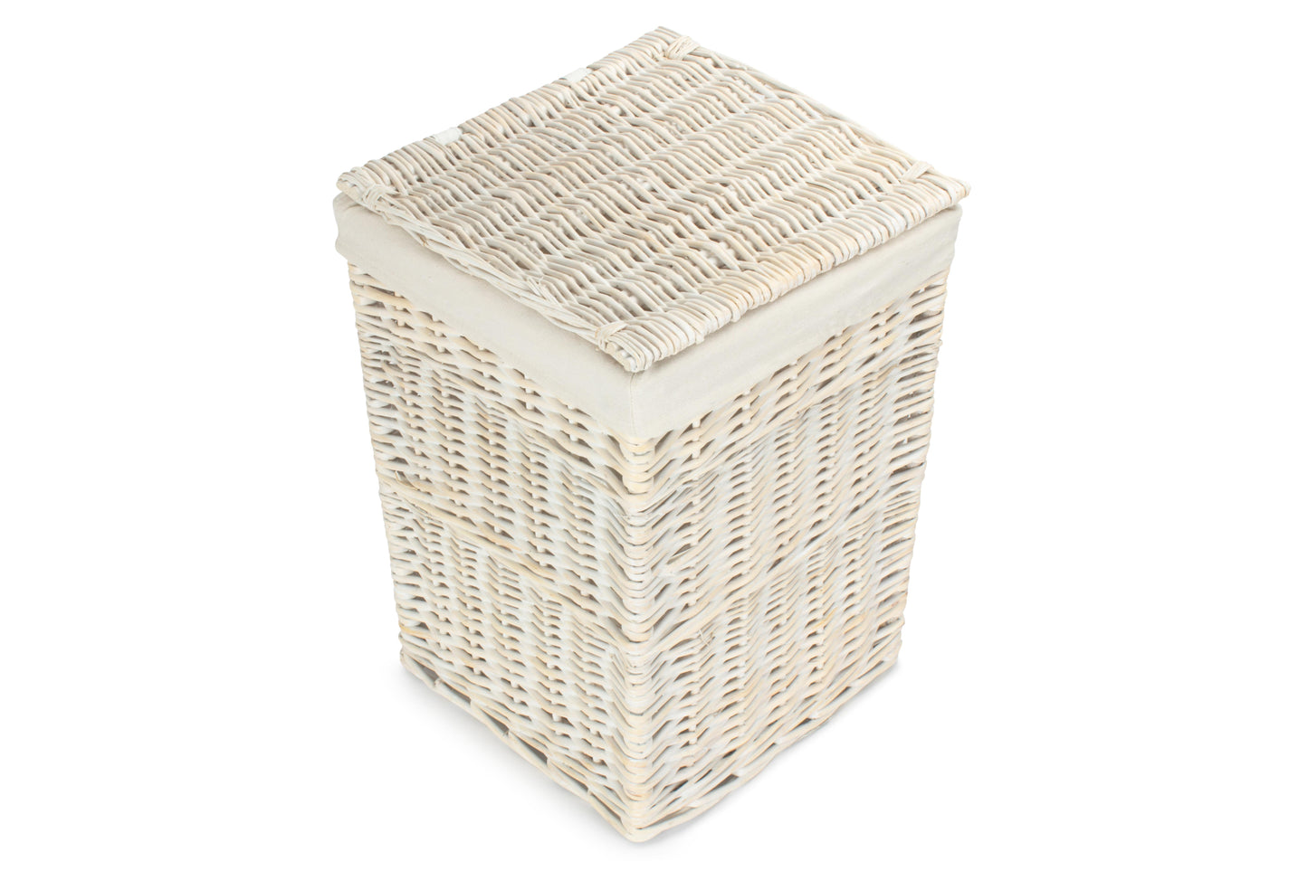 SMALL SQUARE WHITE WASH LAUNDRY HAMPER with WHITE LINING