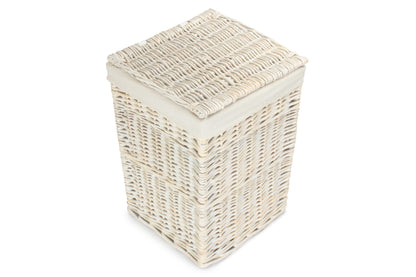 SMALL SQUARE WHITE WASH LAUNDRY HAMPER with WHITE LINING