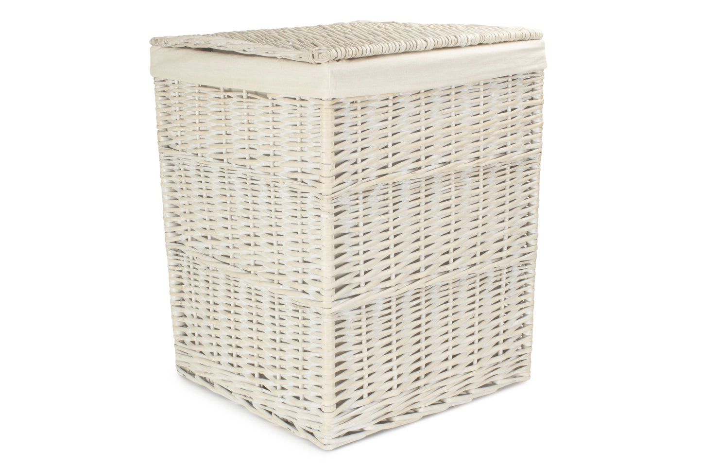 LARGE SQUARE WHITE WASH LAUNDRY HAMPER with WHITE LINING