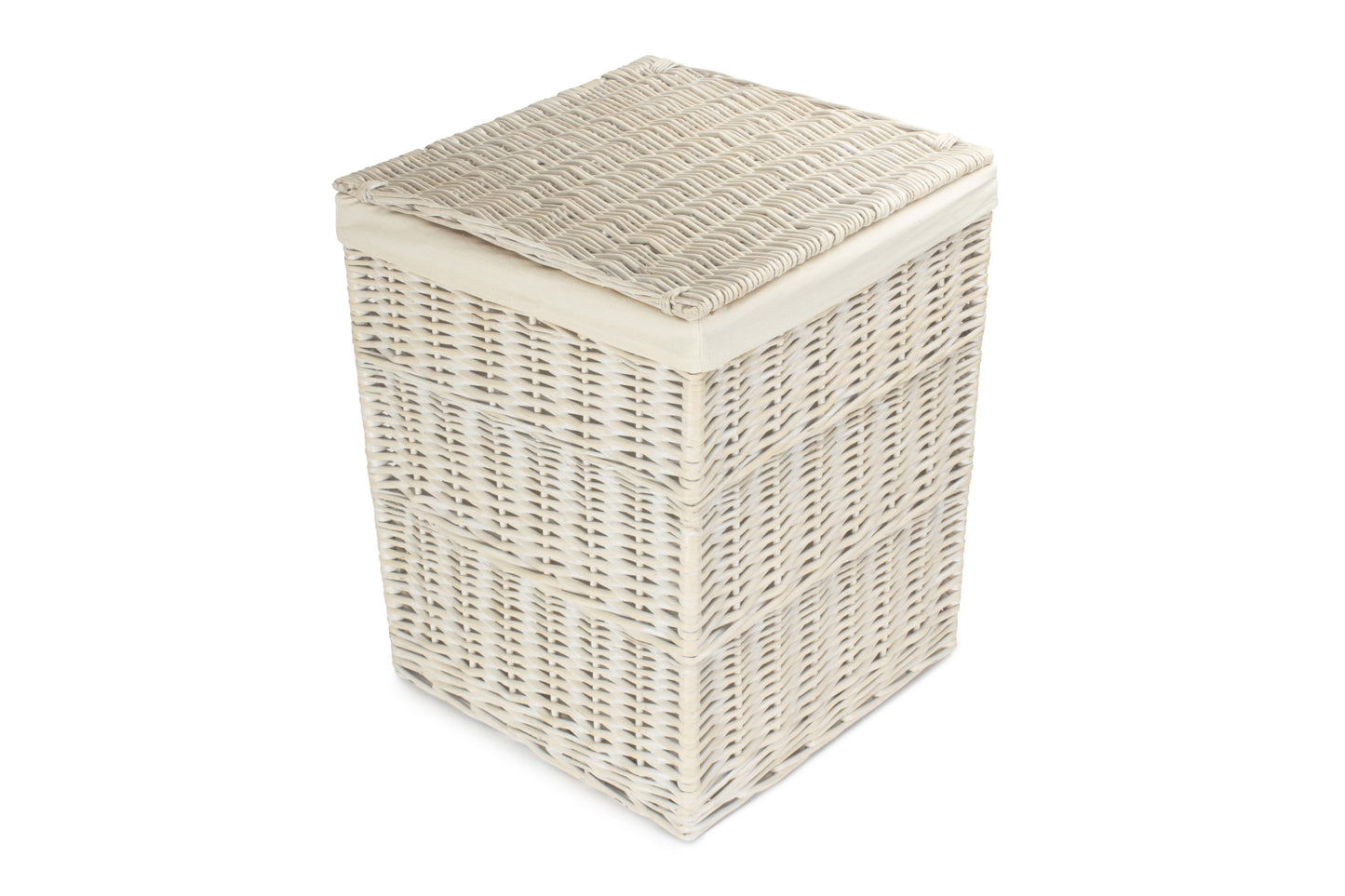LARGE SQUARE WHITE WASH LAUNDRY HAMPER with WHITE LINING