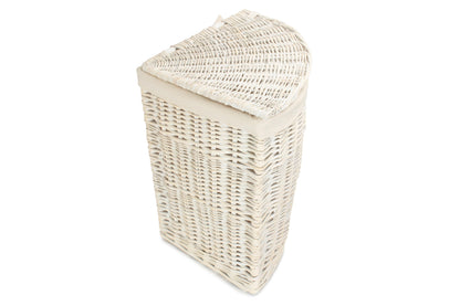 SMALL CORNER WHITE WASH LAUNDRY HAMPER with WHITE LINING