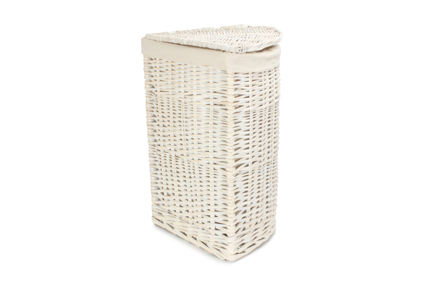 SMALL CORNER WHITE WASH LAUNDRY HAMPER with WHITE LINING