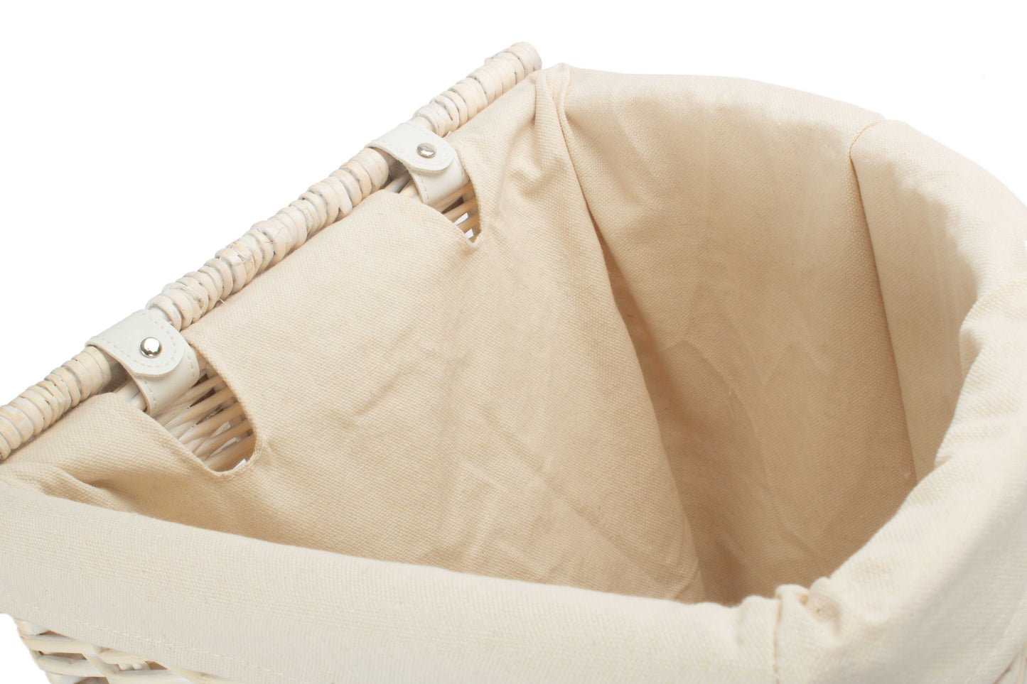 SMALL CORNER WHITE WASH LAUNDRY HAMPER with WHITE LINING