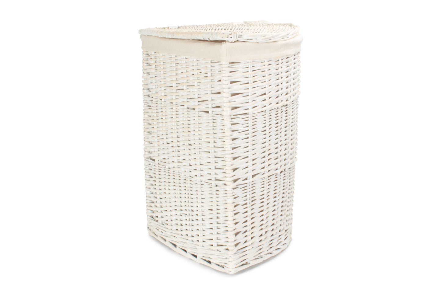 LARGE CORNER WHITE WASH LAUNDRY HAMPER with WHITE LINING