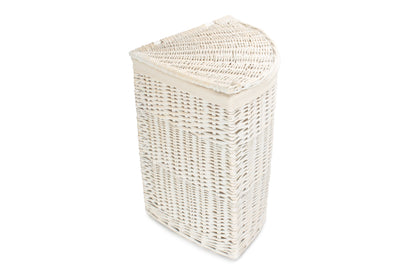 LARGE CORNER WHITE WASH LAUNDRY HAMPER with WHITE LINING