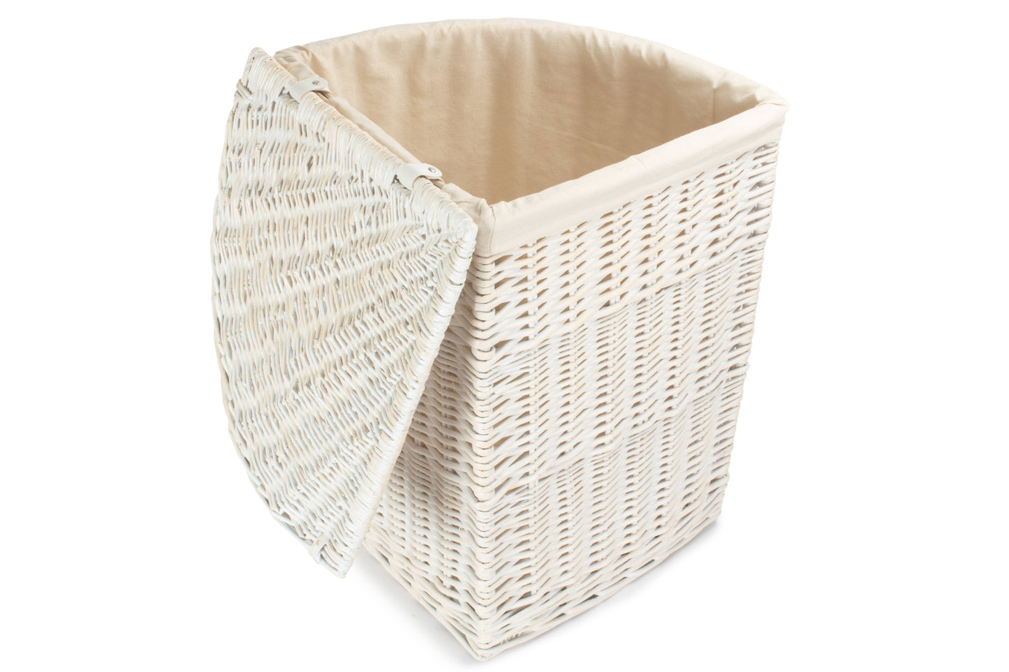LARGE CORNER WHITE WASH LAUNDRY HAMPER with WHITE LINING