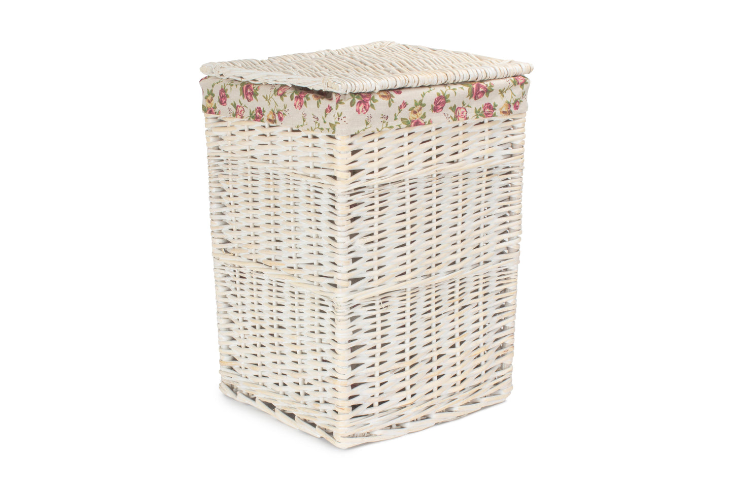 SMALL SQUARE WHITE WASH LAUNDRY HAMPER with GARDEN ROSE LINING