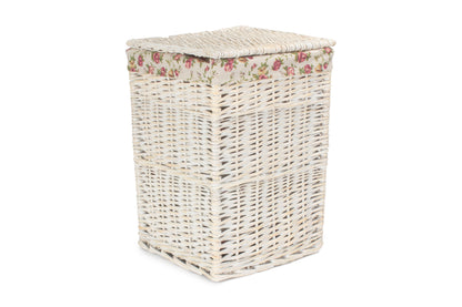 SMALL SQUARE WHITE WASH LAUNDRY HAMPER with GARDEN ROSE LINING