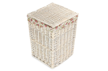 SMALL SQUARE WHITE WASH LAUNDRY HAMPER with GARDEN ROSE LINING