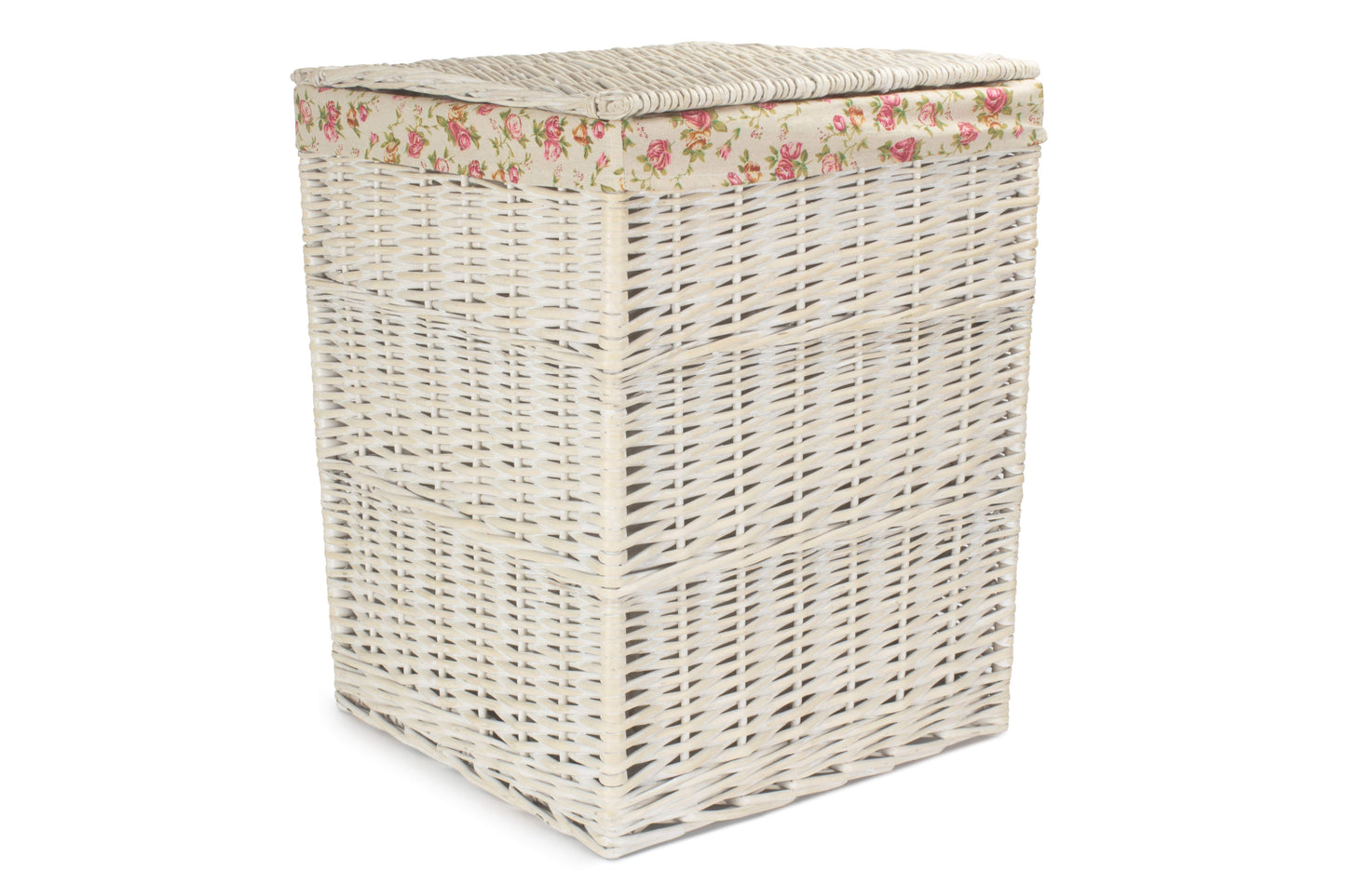 LARGE SQUARE WHITE WASH LAUNDRY HAMPER with GARDEN ROSE LINING
