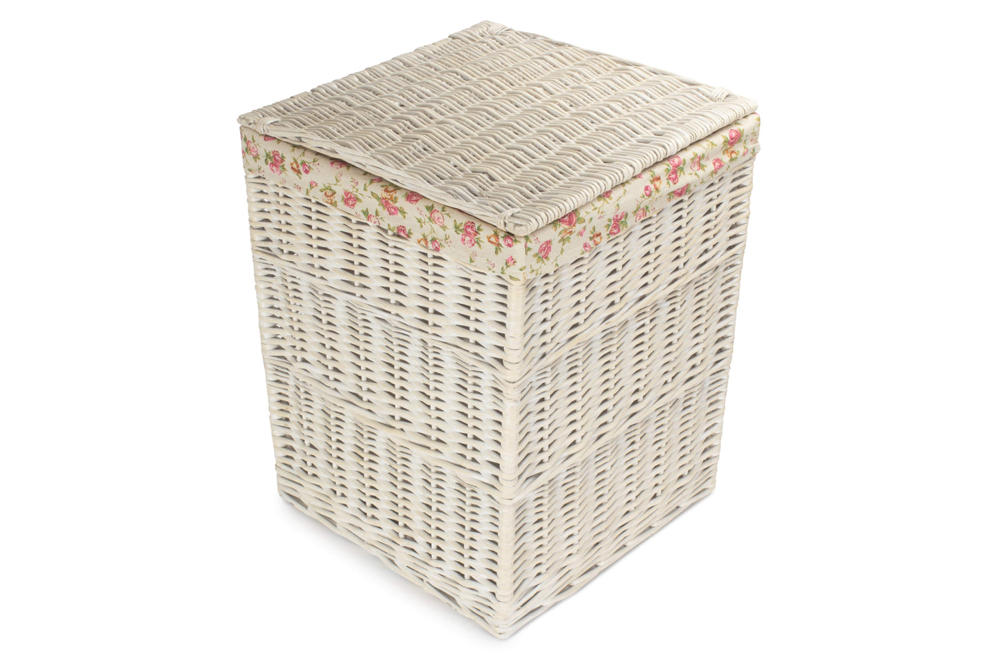 LARGE SQUARE WHITE WASH LAUNDRY HAMPER with GARDEN ROSE LINING