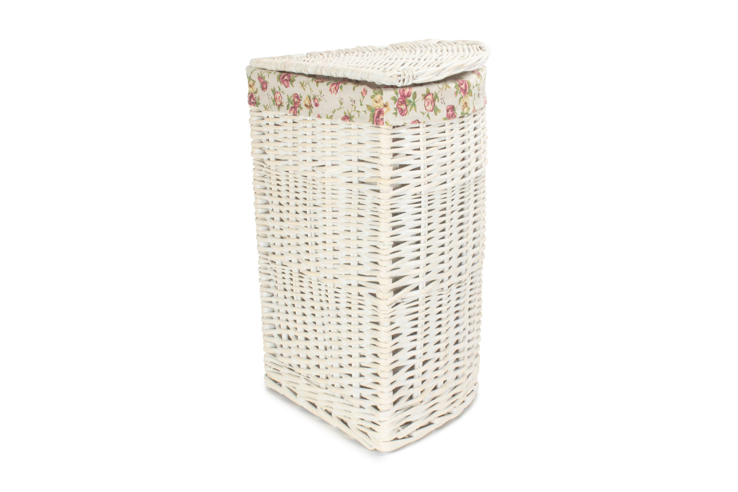 SMALL CORNER WHITE WASH LAUNDRY HAMPER with GARDEN ROSE LINING