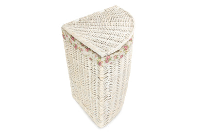 SMALL CORNER WHITE WASH LAUNDRY HAMPER with GARDEN ROSE LINING