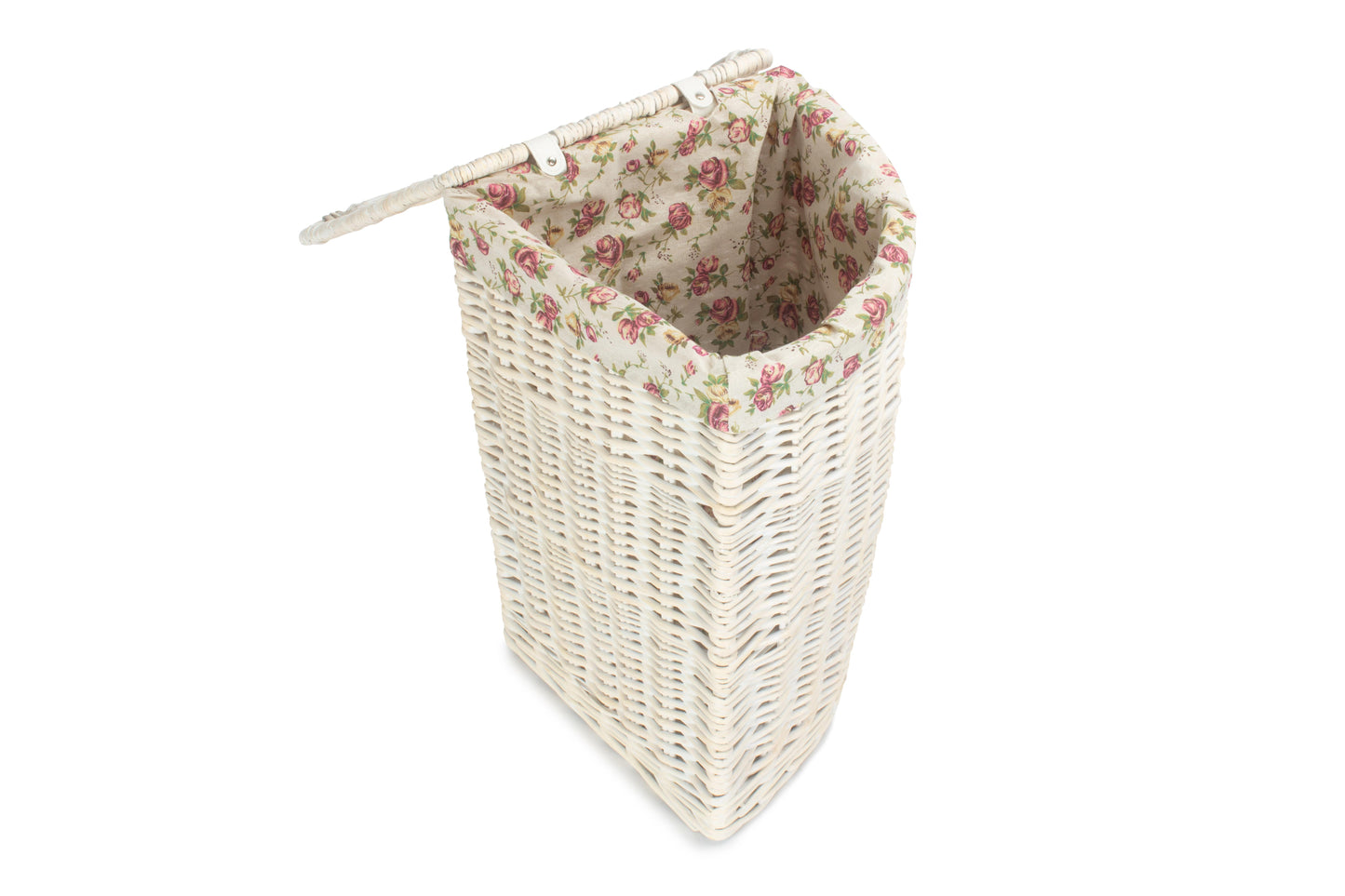 SMALL CORNER WHITE WASH LAUNDRY HAMPER with GARDEN ROSE LINING